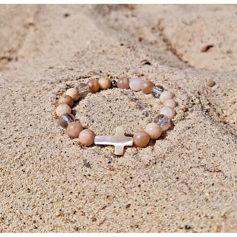unahtinr Bracelet en pierre naturelle fait à la main avec croix et perles -  Bracelets élastiques pour